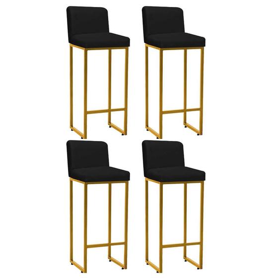 Imagem de Kit 04 Banqueta Alta Com Encosto Lucca -60cm chão até o assento Industrial Ferro Dourado Suede Preto - Ahazzo Móveis