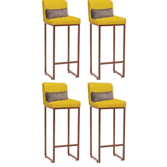 Imagem de Kit 04 Banqueta Alta com Encosto Lucca Industrial Cozinha Balcão Ferro Bronze material sintético Amarelo e Almofada Bege - Ahazzo Móveis