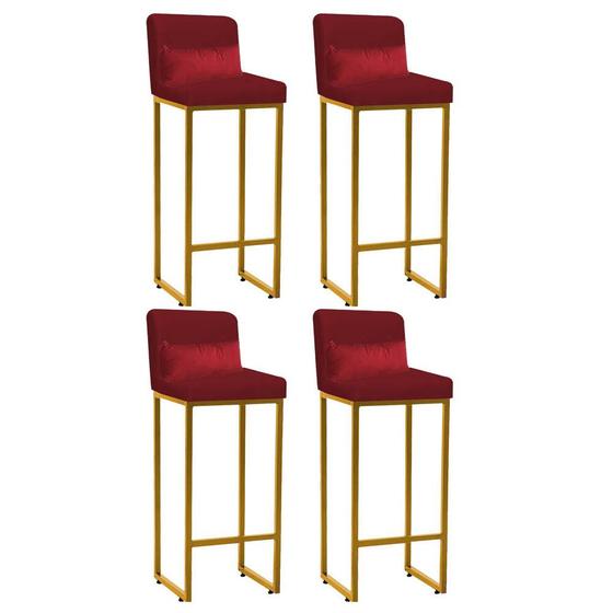 Imagem de Kit 04 Banqueta Alta com Encosto Lucca Industrial Cozinha Balcão Ferro Dourado material sintético Vermelho e Almofada Vermelho - Ahz Móveis