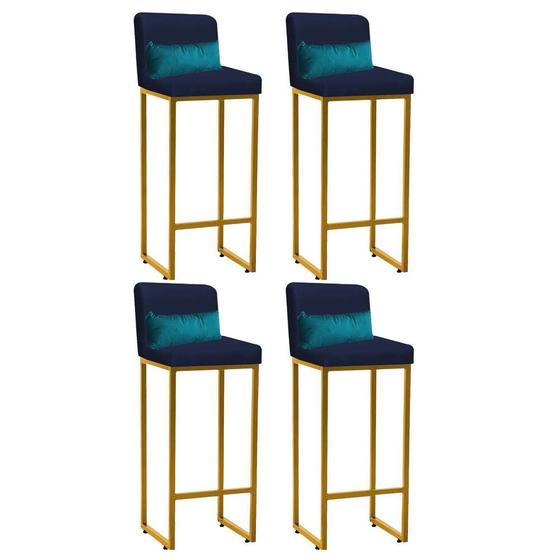 Imagem de Kit 04 Banqueta Alta com Encosto Lucca Industrial Cozinha Balcão Ferro Dourado Suede Azul Marinho e Almofada Azul Turquesa - Ahz Móveis