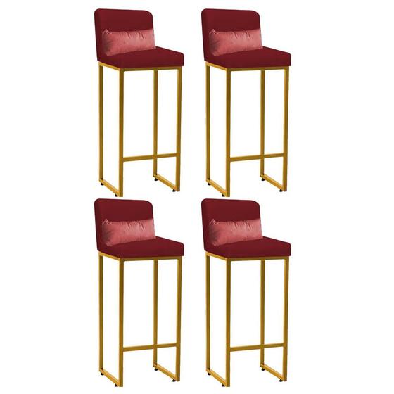 Imagem de Kit 04 Banqueta Alta com Encosto Lucca Industrial Cozinha Balcão Ferro Dourado Suede Vermelho e Almofada Rose Gold - Ahz Móveis