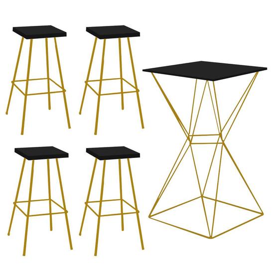 Imagem de Kit 04 Banqueta Alta Eliza Com 01 Mesa Bistrô Lucca Industrial Ferro Dourado 100% MDF Preto - Ahazzo Móveis