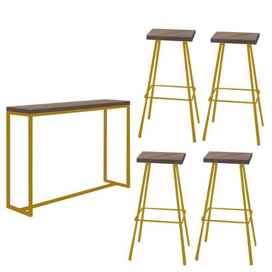 Imagem de Kit 04 Banqueta Alta Eliza Com 01 Mesa Bistrô Mavie Industrial Ferro Dourado 100% MDF Caramelo - Ahazzo Móveis