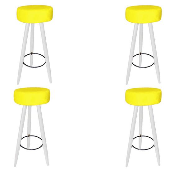 Imagem de Kit 04 Banqueta Alta Flora Pés Palito em Madeira Branco para Bar Bistrô Cozinha  material sintético Amarelo - Damaffê Móveis