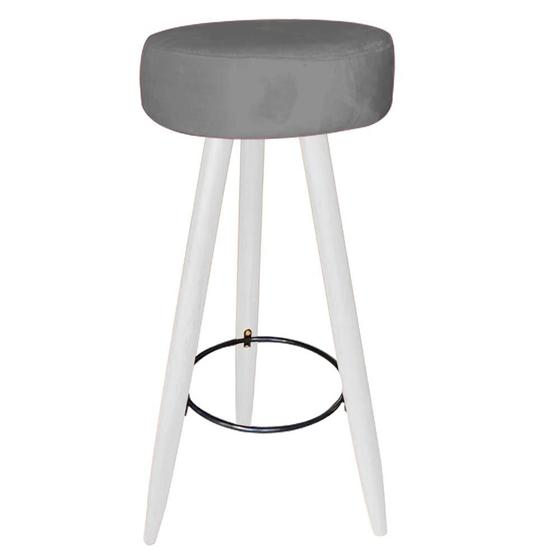 Imagem de Kit 04 Banqueta Alta Flora Pés Palito em Madeira Branco para Bar Bistrô Cozinha  Suede Cinza - KDAcanto Móveis