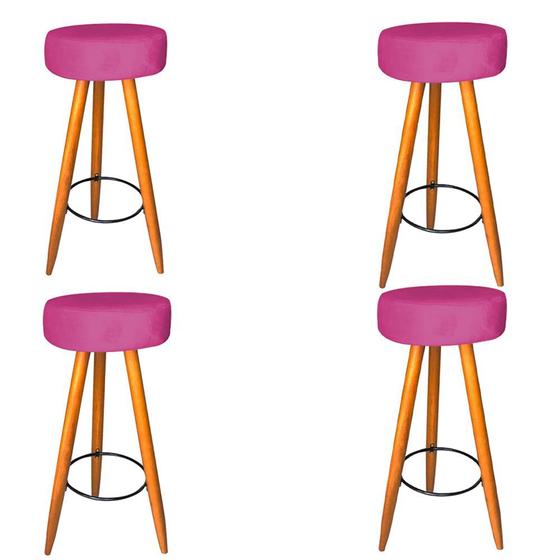 Imagem de Kit 04 Banqueta Alta Flora Pés Palito em Madeira Caramelo para  Bar Bistrô Cozinha  Suede Pink - Damaffê Móveis