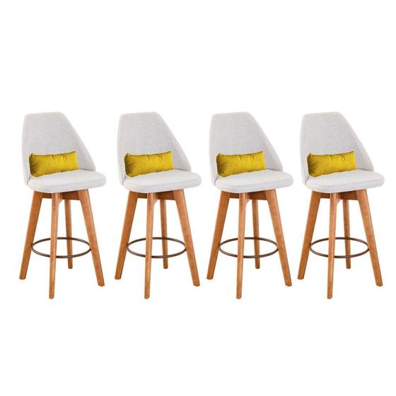 Imagem de Kit 04 Banquetas Alta Maya Giratória Com Encosto Gourmet Linho Bege e Almofada Suede Amarelo - Aurora Line