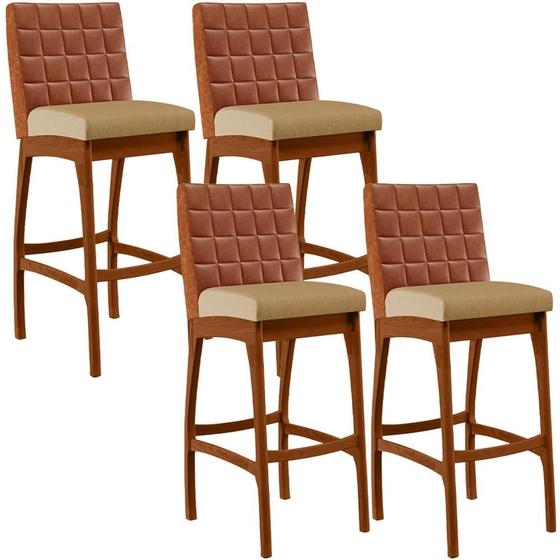 Imagem de Kit 04 Banquetas Altas Sala De Jantar Fixa Mila B04 Sintético Camel Linho Bege Escuro - Lyam Decor