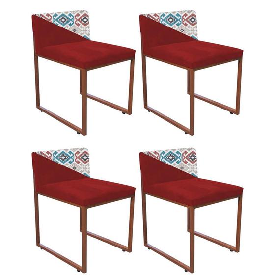Imagem de Kit 04 Cadeira Office Lee Duo Sala de Jantar Industrial Ferro Bronze Suede Mosaico AH14 e Vermelho - Ahz Móveis