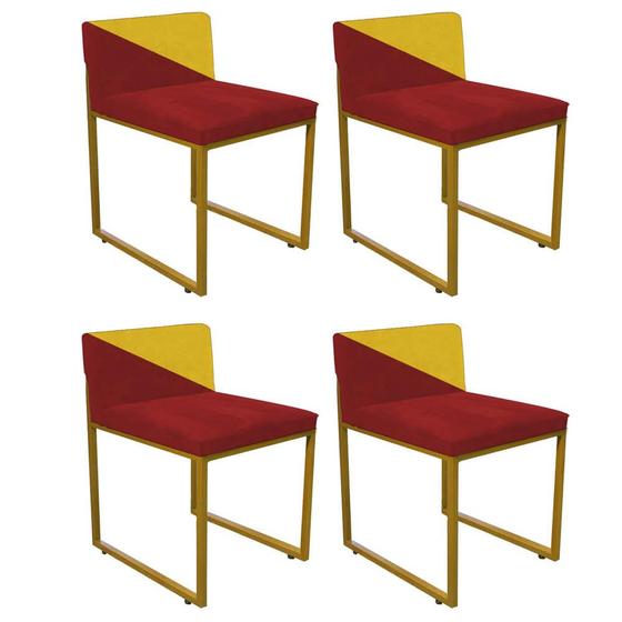 Imagem de Kit 04 Cadeira Office Lee Duo Sala de Jantar Industrial Ferro Dourado Suede Vermelho e Amarelo - Ahz Móveis