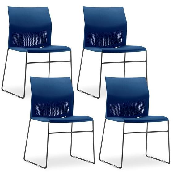Imagem de Kit 04 Cadeiras Fixa Base Preta Empilhável Connect Azul Marinho - Lyam Decor