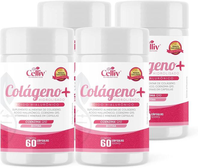 Imagem de Kit 04  Colágeno Hidrolisado + Ácido Hialurônico + Coenzima Q10 + Biotina 60 Cáps 500mg