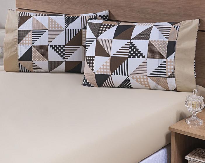 Imagem de Kit 04 Fronhas Avulsas 80x60cm Percal 100% Algodão 180 Fios Estampada Geométrico Caqui c/ Barrado Palha