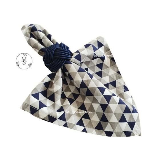 Imagem de KIT 04 Guardanapo de Tecido 40 x 40cm Triângulos Azul - Acabamento Bainha - Várias Cores e Estampas