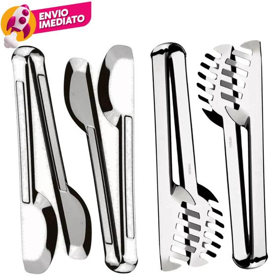 Imagem de Kit 04 itens: Pegador Universal Tipo Pinça em Inox + Pegador Serrilhado Para Massas Salada Petiscos