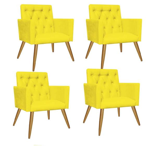 Imagem de Kit 04 Poltrona Cadeira Decorativa  Fernanda com Capitone Pés Palito  Sala de  Estar Recepção Escritório Suede Amarelo - Damaffê Móveis