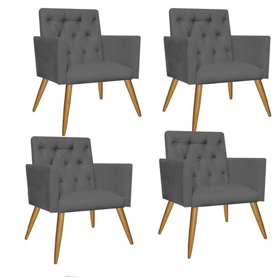 Imagem de Kit 04 Poltrona Cadeira Decorativa  Fernanda com Capitone Pés Palito  Sala de  Estar Recepção Escritório Suede Cinza - Damaffê Móveis