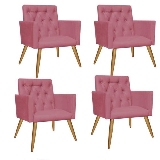 Imagem de Kit 04 Poltrona Cadeira Decorativa  Fernanda com Capitone Pés Palito  Sala de  Estar Recepção Escritório Suede Rosê - Damaffê Móveis