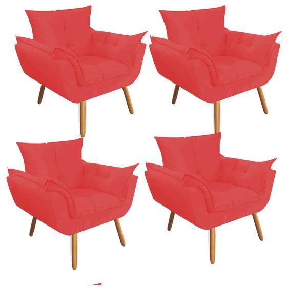 Imagem de Kit 04 Poltrona Cadeira Decorativa  Opala Sala de Estar Recepção Consultório Escritório Suede Vermelho - Damaffê Móveis