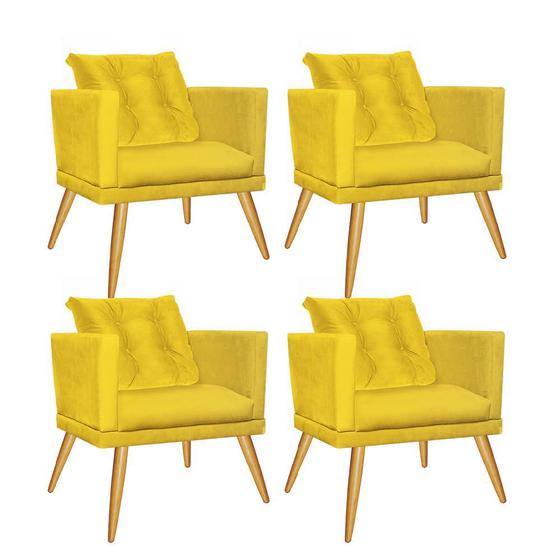 Imagem de Kit 04 Poltrona Cadeira Milena Confort Com almofada Sala Recepção Escritório Pé Caramelo Suede Amarelo - DAMAFFÊ MÓVEIS