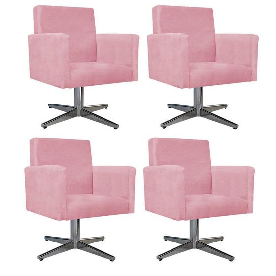 Imagem de Kit 04 Poltronas Arenzza Base Giratória de Metal Suede Rosa Bebê - DAMAFFÊ MÓVEIS