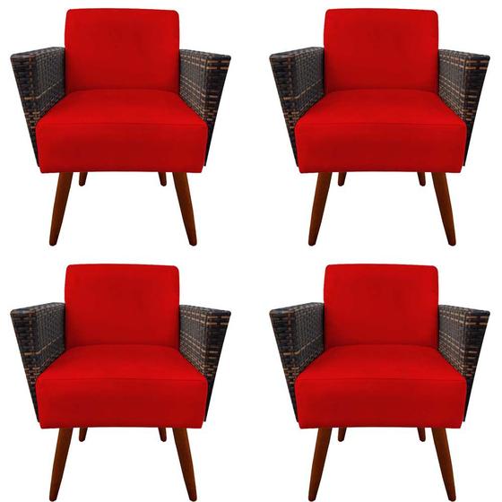 Imagem de Kit 04 Poltronas Chanel Braça Tramada Pés Palito Suede Vermelho - D'Classe Decor