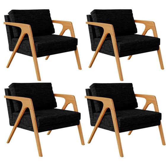 Imagem de Kit 04 Poltronas Decorativa Para Sala Estar Pietra Estrutura De Madeira Linho Chumbo - Lyam Decor