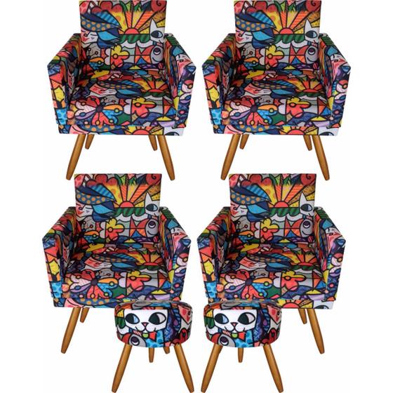 Imagem de Kit 04 Poltronas Decorativas Nina E 2 Puff Romero Brito