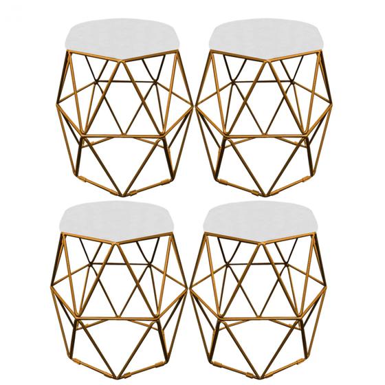 Imagem de Kit 04 Puff Banqueta Aramado Luna Para Penteadeira Hexágono Base Dourado material sintético Branco - Ahazzo Móveis