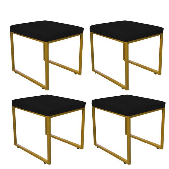 Imagem de Kit 04 Puff Banqueta Stan Para Penteadeira Sala De Jantar Industrial Ferro Dourado Suede Preto - Ahazzo Móveis