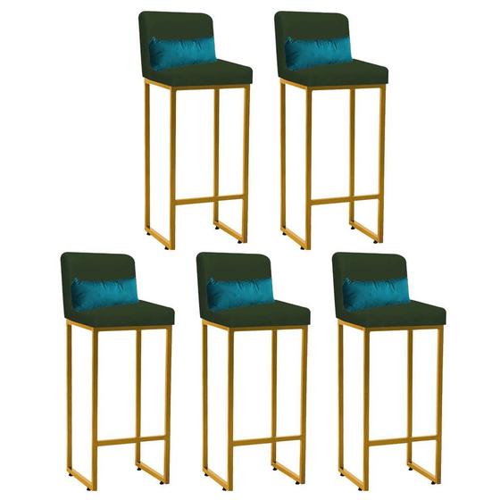 Imagem de Kit 05 Banqueta Alta com Encosto Lucca Industrial Cozinha Balcão Ferro Dourado Suede Verde e Almofada Azul Turquesa - Ahz Móveis