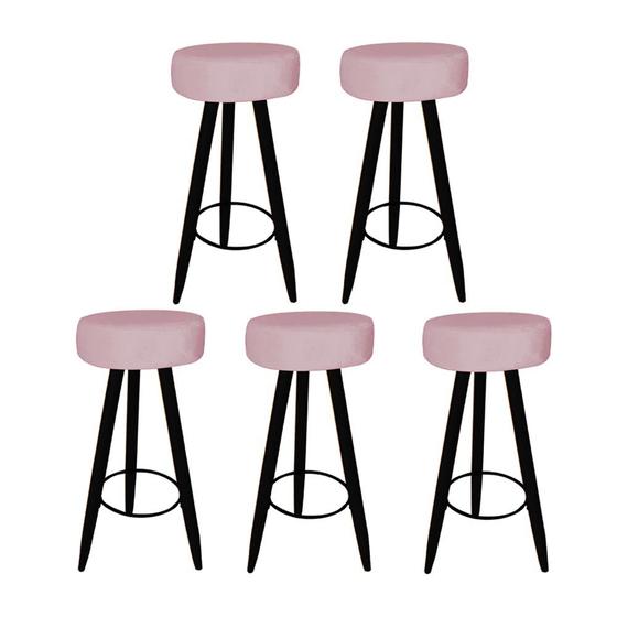 Imagem de Kit 05 Banqueta Alta Flora Pés Palito em Madeira Preto para  Bar Bistrô Cozinha  material sintético Rosa Bebê - Damaffê Móveis