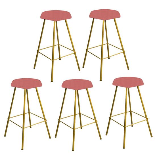 Imagem de Kit 05 Banqueta Alta Lari Eiffel Hexágono Cozinha Bar Balcão Bistrô Ferro Dourado Suede Rose Gold - Ahz Móveis