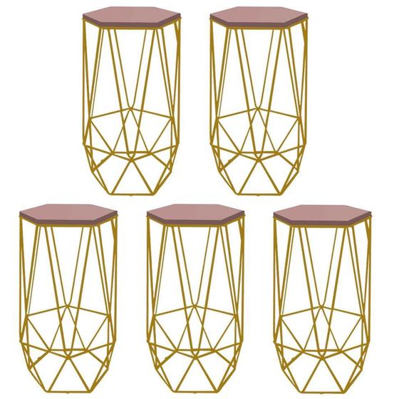 Imagem de Kit 05 Banqueta Alta Liz Hexágono Industrial Para Cozinha Ferro Dourado MDF Rosa - Ahazzo Móveis