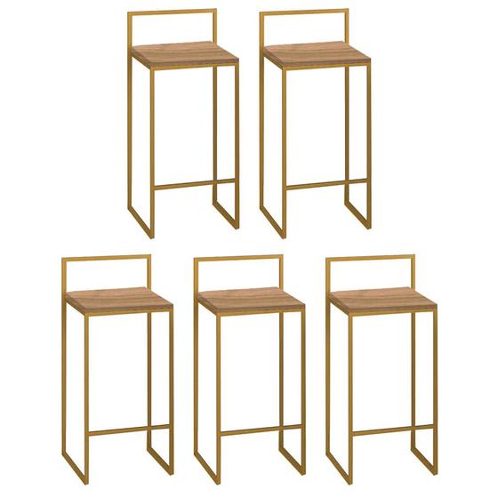 Imagem de Kit 05 Banquetas Alta Com Encosto Lino Industrial Balcão Bistrô Ferro Dourado MDF Madeira Imbuia - Ahazzo Móveis