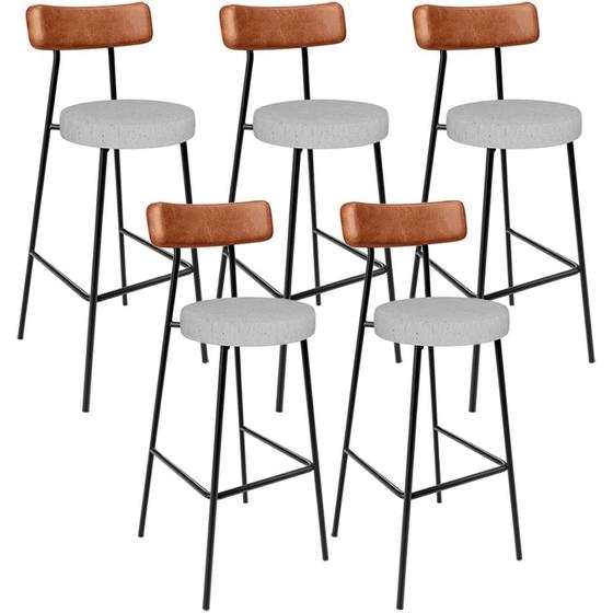 Imagem de Kit 05 Banquetas Alta Cozinha Sala De Jantar Aço Milão L02 material sintético Camel Linho Cinza - Lyam Decor