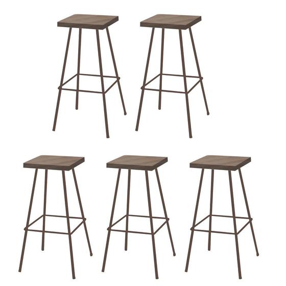 Imagem de Kit 05 Banquetas Alta Eliza 75cm Industrial Para Cozinha Ferro Marrom 100% MDF Freijó - Ahazzo Móveis