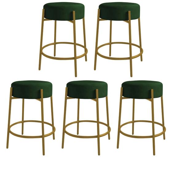 Imagem de Kit 05 Banquetas Alta Sintra 65cm Redonda Ferro Dourado Suede Verde - Ahazzo Móveis