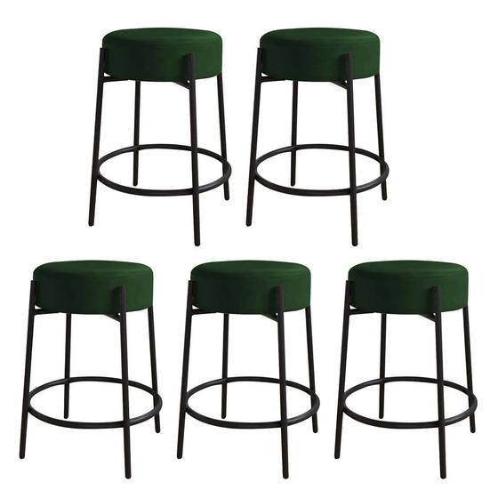 Imagem de Kit 05 Banquetas Alta Sintra 65cm Redonda Ferro Preto Suede Verde - Ahazzo Móveis