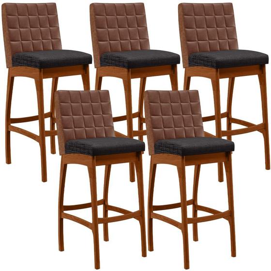 Imagem de Kit 05 Banquetas Altas Cozinha Sala Jantar Fixa Mila B04 Corano Marrom Linho Chumbo - Lyam Decor