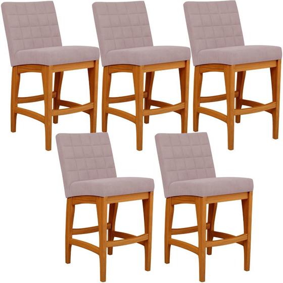 Imagem de Kit 05 Banquetas Baixa Para Cozinha Bancada Bar Sala Jantar Fixa Mila L02 Suede Rosê - Lyam Decor