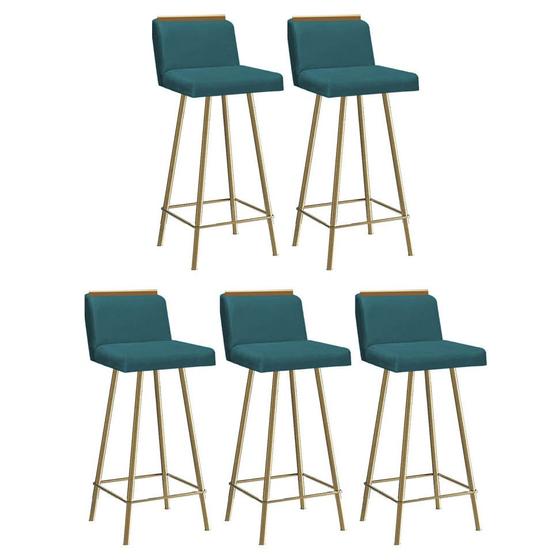 Imagem de Kit 05 Banquetas Com Encosto Menne Eiffel Bistrô Cozinha Aplique Ferro Dourado Suede Azul Turquesa  - Ahz Móveis