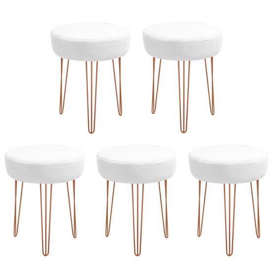 Imagem de Kit 05 Banquetas Puff Jullia Luxo 55cm Industrial Ferro Bronze material sintético Branco - Ahazzo Móveis