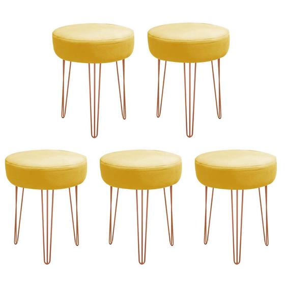 Imagem de Kit 05 Banquetas Puff Jullia Luxo 55cm Industrial Ferro Bronze Sintético Amarelo - Ahazzo Móveis