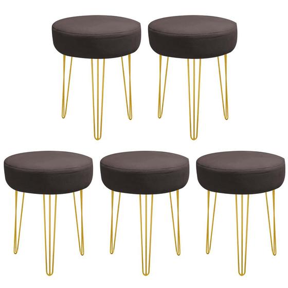 Imagem de Kit 05 Banquetas Puff Jullia Luxo 55cm Industrial Ferro Dourado Suede Marrom - Ahazzo Móveis