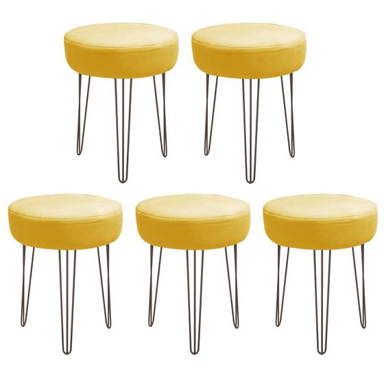 Imagem de Kit 05 Banquetas Puff Jullia Luxo 55cm Industrial Ferro Marrom Suede Amarelo - Ahazzo Móveis