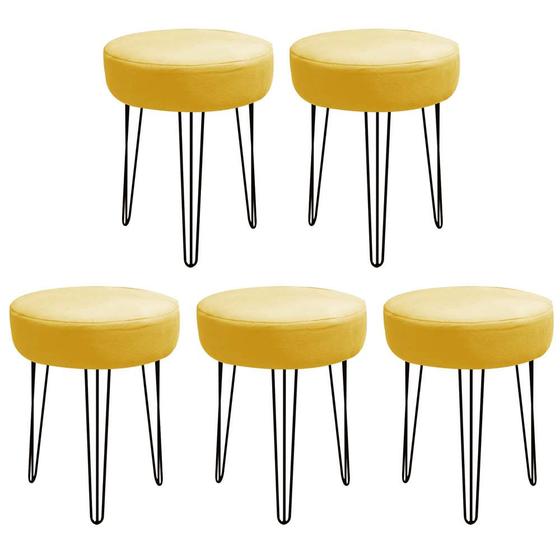 Imagem de Kit 05 Banquetas Puff Jullia Luxo 55cm Industrial Ferro Preto material sintético Amarelo - Ahazzo Móveis