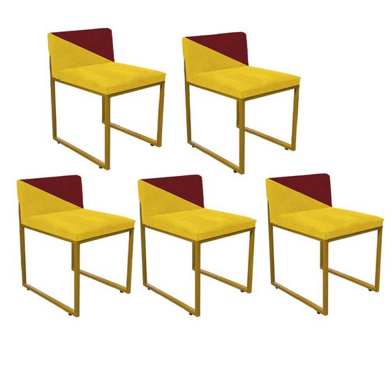 Imagem de Kit 05 Cadeira Office Lee Duo Sala de Jantar Industrial Ferro Dourado material sintético Amarelo e Vermelho - Ahz Móveis