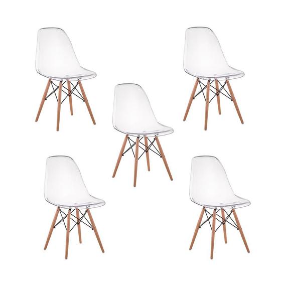 Imagem de Kit 05 Cadeiras Charles Eames Eiffel Wood Policarbonato - Transparente