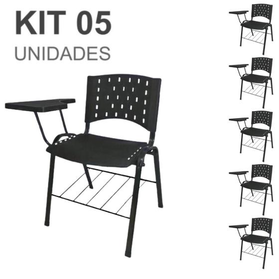 Imagem de KIT 05 Cadeiras Escolar Universitárias com Prancheta e Porta Livros - Cor Preto - REAPLAST - 32043